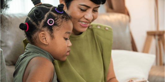 Mom and child girl kid enjoy leisure activity with wireless technology at home