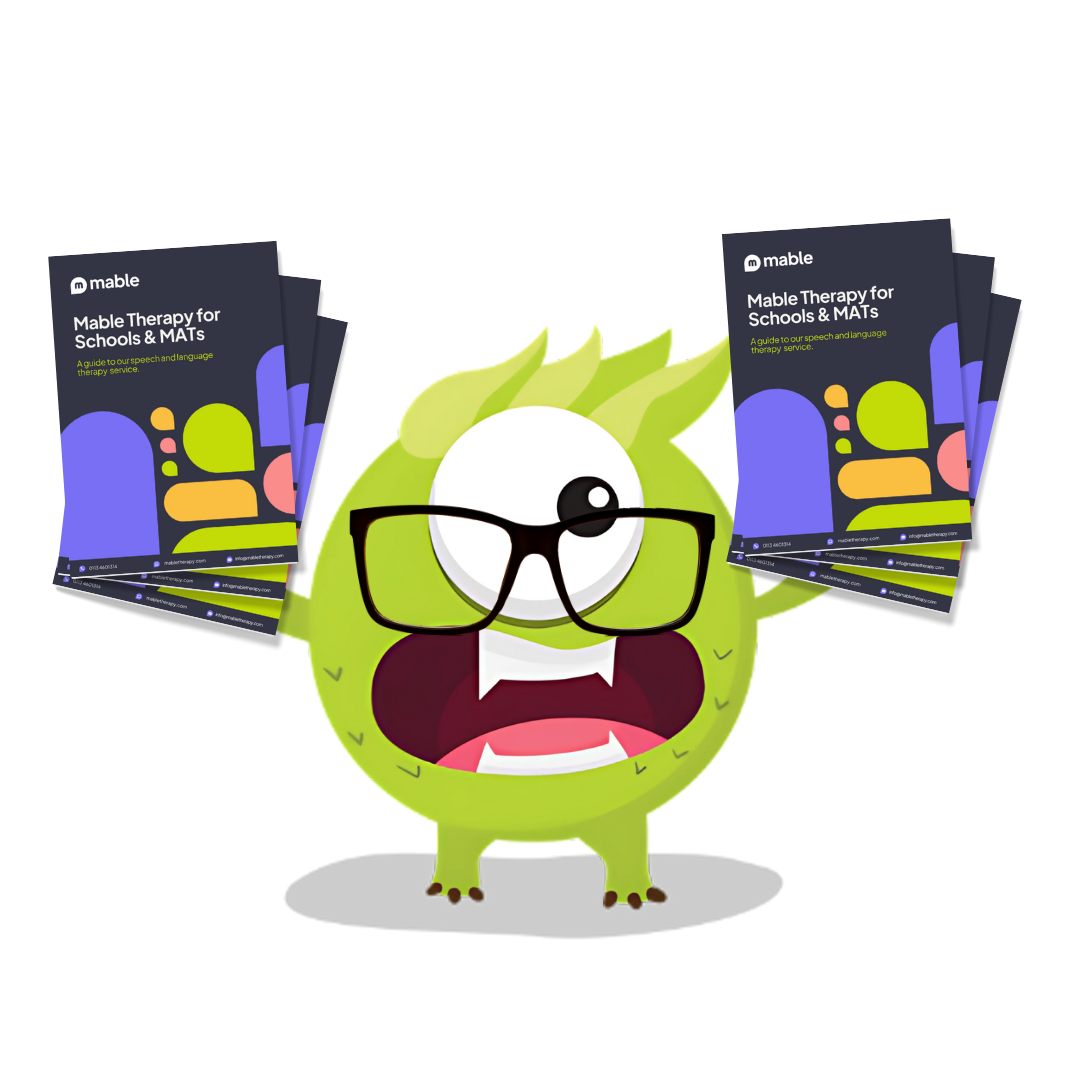 Mable Monster holding Mable Therapy Brochures
