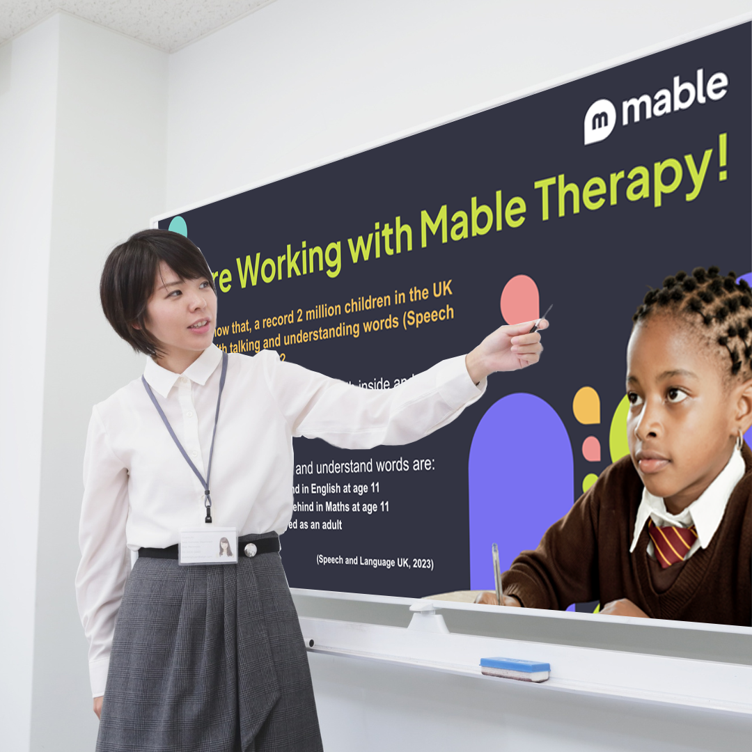 Teacher giving presentation with Mable Therapy slide